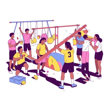 A group of athletes wearing colorful uniforms representing different sports teams is gathered around a construction site for a playground. The athletes are working together, using tools such as hammers and drills. In the background, there are various playground equipment pieces like swings and slides in vibrant colors. Some athletes are lifting a large wooden beam while others are securing it in place. The sunlight casts dynamic shadows on the ground, highlighting the teamwork and camaraderie among the diverse group of athletes.