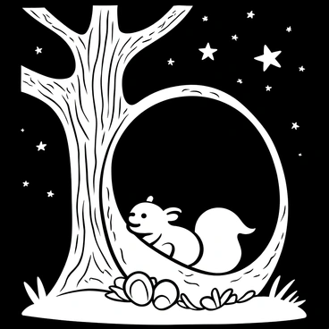 A squirrel curled up comfortably inside a tree hollow, surrounded by the textured bark of the tree. The night sky is filled with numerous stars, shining brightly, casting a soft glow around the scene. The hollow contains a few acorns and leaves, adding to the cozy atmosphere. The silhouette of the tree branches stretches out above, creating a frame around the starry sky.