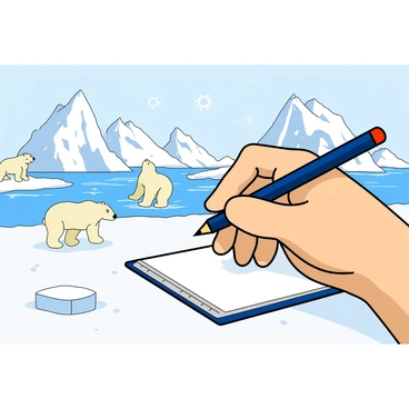 A large hand is gripping a pencil, actively sketching an icy arctic landscape. The scene features two polar bears, one standing on a small patch of ice and the other playfully sliding down an iceberg. The background consists of towering, jagged icebergs, some reflecting shades of blue and white under the sunlight. There are a few scattered snowflakes gently falling in the air. The ground is covered in a blanket of snow, giving a soft texture to the arctic environment. The hand is depicted in a close-up, showcasing realistic details and movement, as it brings the icy world to life on the page.