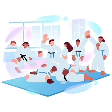 A group of children is practicing aikido on a soft mat in a brightly lit dojo. Each child is wearing a traditional aikido uniform, which consists of a white gi and colored belts. Some children are demonstrating various aikido moves, while others are observing. One child is performing a rolling technique, while another is showing a defensive stance. In the background, colorful mats and motivational posters adorn the walls of the dojo. The atmosphere is energetic and filled with the enthusiasm of the children.