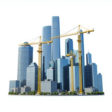 A vibrant city skyline filled with tall skyscrapers made of glass and steel. The buildings showcase various architectural styles, with some featuring sleek modern designs and others reflecting a more traditional aesthetic. In the foreground, several construction cranes are positioned prominently, their yellow and white colors contrasting with the blue sky. The cranes are actively lifting materials, emphasizing the ongoing construction and development. The scene is bustling with activity, with smaller buildings and cranes in the background, illustrating a sense of economic growth and renewal in the urban landscape.