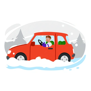 A red car is stuck in thick, white snow, with snow piled high around its tires. The driver, a middle-aged person with short brown hair, has a look of frustration on their face as they grip the steering wheel tightly. Snowflakes are gently falling around the car, adding to the winter scene. The car's windshield wipers are turned on, barely making a dent in the accumulation of snow on the windshield. Behind the car, snow-covered trees and a gray sky can be seen in the background.