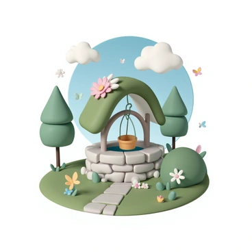 An illustration of a whimsical well from a children's storybook