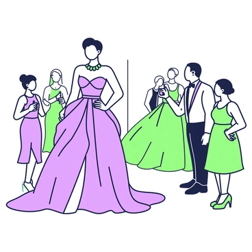 A glamorous evening gown is being modeled at a formal event. The gown features an intricate design with layers of flowing fabric that cascades elegantly to the floor. The model stands confidently on a stage, her posture highlighting the gown's shimmering details. She wears a matching necklace that complements the attire. Soft lighting illuminates the scene, casting gentle shadows. In the background, a group of elegantly dressed attendees admire the gown, some holding drinks in their hands. The overall atmosphere conveys sophistication and style.