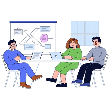 A group of three people sitting around a rectangular table engaged in a discussion about webhooks. One person is a man wearing glasses and a blue shirt, another is a woman with long brown hair in a green dress, and the third person is a man with a beard in a gray sweater. Behind them is a whiteboard filled with diagrams and flowcharts related to webhooks. The diagrams include arrows and boxes illustrating the connections and processes of webhooks. A laptop is open on the table showing code snippets. The room has a bright atmosphere with large windows allowing natural light to come in.