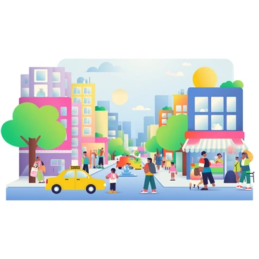 Transform a photo of a busy city street into a vibrant cartoon scene