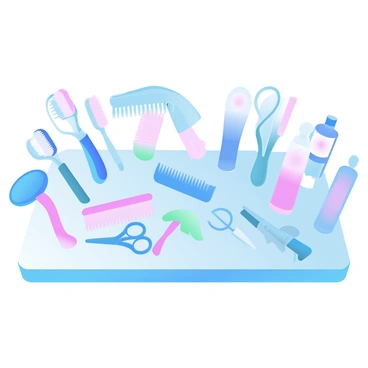 A collection of vibrant hair styling tools is arranged neatly on a salon counter. The tools include various brushes with colorful bristles, curling irons with sleek designs, and scissors with intricate handles. Brightly colored combs are placed alongside a range of hair products in vivid packaging. The counter itself has a smooth surface, reflecting the lively hues of the tools and products, creating a visually engaging display.