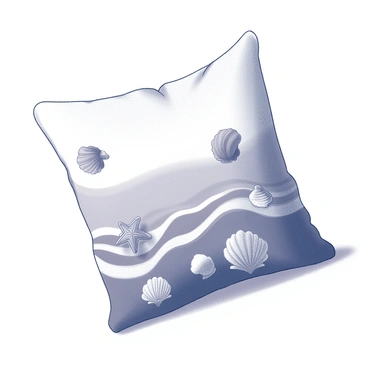 A decorative pillow with a seaside theme. The fabric is adorned with various seashell patterns, including starfish and conchs, scattered across the surface. Waves are depicted in a gentle rolling manner, creating a sense of movement. The pillow is square-shaped, resting on a light-colored surface, adding to its coastal aesthetic.
