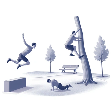 An athlete engaged in freerunning is captured in a fluid motion sequence as they navigate through a park. The scene shows the athlete in mid-air executing a dynamic leap over a low wall, their body fully extended with arms outstretched. In another pose, the athlete is seen climbing up a tree, gripping the bark with both hands and one knee raised high. A third position depicts the athlete performing a roll on the grass, their body rolling sideways with legs tucked in. The background features trees, park benches, and a well-maintained path, all contributing to the lively atmosphere of the park setting.