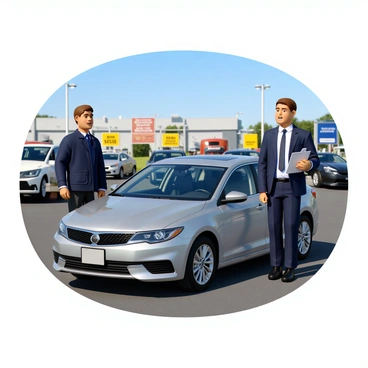 A customer with light brown hair, wearing a navy blue jacket and jeans, is standing next to a silver sedan at a dealership lot. The customer is smiling and discussing the trade-in deal with a dealership representative who is wearing a formal shirt and tie. The representative is holding a clipboard and gesturing towards the car. The dealership lot has several colorful cars displayed in the background, with a clear blue sky overhead. There are promotional banners and signs indicating special offers on vehicles.