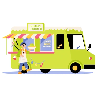 A food truck themed after "The Grinch" with a vibrant green exterior. The truck features a large illustration of the Grinch with a mischievous smile. On the menu board, the words "Green-Grilled Cheese" and "Who-Pudding" are prominently displayed in colorful lettering. The food truck is parked in a snowy setting, with whimsical decorations that include candy canes and ornaments hanging from the windows. A friendly character dressed as a Who is serving dishes from the truck, showcasing a gooey green-grilled cheese sandwich and a bowl of creamy Who-pudding with sprinkles on top.