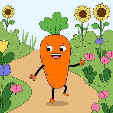 A bright orange carrot with tiny legs and arms stands upright, displaying a cheerful expression. The carrot has large, round eyes and a wide smile. Its green leafy top sways gently in the breeze. The carrot is set against a vibrant garden filled with colorful flowers in various shapes and sizes. In the background, there are soft green plants and tall sunflowers reaching towards the sky. The carrot is taking its first steps on a winding dirt path that meanders through the garden, looking determined and adventurous. Sunlight filters through the leaves, casting playful shadows on the ground.