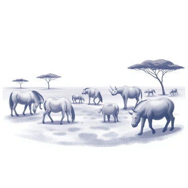 A scene depicting several Eocene mammals grazing in a warm, open plain. Various species, such as early horses and primitive rhinoceroses, are present, each with distinct features like elongated limbs and unique body shapes. The mammals are scattered throughout the landscape, some nibbling on low vegetation while others stand alert. In the background, there are scattered trees with broad canopies, providing shade in the warm environment. The sky above is clear, emphasizing the openness of the plain.