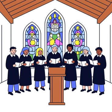 A group of choir members is rehearsing in a church interior. The choir is arranged in a semicircle, wearing matching black robes. Behind them are large stained glass windows featuring vibrant colors and intricate patterns depicting religious scenes. The church has high ceilings with wooden beams and ornate decorations on the walls. A wooden lectern stands in the foreground, holding sheet music for the choir.