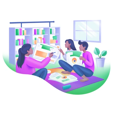 A modern pastel illustration depicting a group of friends sitting on a colorful rug on the floor. They are engaged in a lively discussion while sharing their illustrated syllabi. Each friend has a unique syllabus featuring vibrant illustrations and diagrams. One friend is pointing at their syllabus, while another is holding a pen, ready to take notes. In the background, a cozy room with a bookshelf filled with books and a few plants adds to the atmosphere. Soft light enters through a nearby window, illuminating the scene.