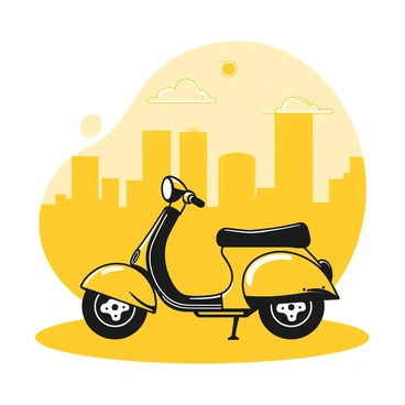 A moped silhouetted against a city skyline at dusk