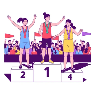 Three winners stand on a white podium, each proudly holding their colorful ribbons. The first winner on the left is wearing a blue athletic uniform and has an orange ribbon draped around their neck. The second winner in the middle, dressed in a red tank top, displays a teal ribbon. The third winner on the right is in a yellow outfit, showcasing a purple ribbon. Behind them, a crowd of excited spectators is cheering and waving flags, adding to the vibrant atmosphere of the sports day event. The sun shines brightly, casting shadows on the podium.