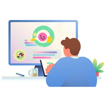A computer screen displays a chatbot interface with a friendly, animated character in a speech bubble. The chatbot has a smiling face and is designed with vibrant colors. Below the chatbot, a customer is reading the responses, seated in front of the computer. The customer has short brown hair and is wearing a blue shirt. On the desk, there is a notebook with a pen and a steaming coffee mug. The background shows a cozy office environment with a potted plant in the corner.