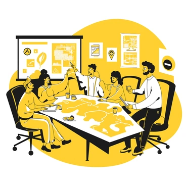 A group of four drivers gathered around a table, intensely focused on a large map spread out in front of them. Two of the drivers, a man and a woman, are pointing at different locations on the map while the other two, both men, are taking notes on their tablets. The room is filled with charts and traffic signs hanging on the walls. Light from a nearby window casts soft shadows across the table, highlighting their expressions of concentration. Various items are scattered on the table, including a compass, a notebook, and a couple of coffee mugs.