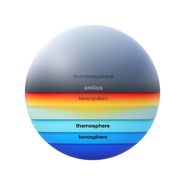 An illustration depicting the "thermosphere" and "ionosphere" with clear sections that overlap. The thermosphere is represented as a vast region of the atmosphere, shown in darker shades towards the top. The ionosphere is illustrated beneath it, with a gradient of colors to indicate different layers. Each section is labeled with the words "thermosphere" and "ionosphere" in bold letters. Additional labels may include specific altitudes and characteristics of each layer, enhancing the educational value of the illustration.