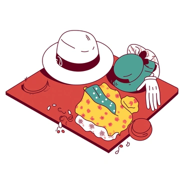 A red illustration board is filled with various vintage fashion items. There are three elegant hats in different styles: a wide-brimmed white hat adorned with a black ribbon, a teal cloche hat, and a small orange fascinator. Scattered around the hats are delicate white gloves with intricate lace detailing, and a selection of dresses in various patterns and colors. Among the dresses is a yellow floral dress with puffed sleeves, a teal polka dot dress, and a simple yet elegant orange shift dress. The arrangement creates a visually appealing and harmonious composition on the illustration board.