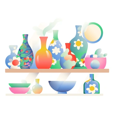 A collection of ceramic vases is displayed on a wooden shelf. Each vase has a unique shape and is covered in colorful glazes. Some vases feature vibrant blues and greens, while others showcase warm reds and yellows. The intricate patterns include floral designs, geometric shapes, and swirling motifs. Light reflects off the glossy surfaces, highlighting the details of the glazes. In the background, there are additional ceramic pieces, including bowls and plates, all contributing to the artistic arrangement.