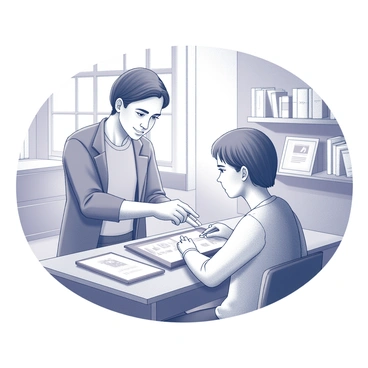 A tutor is demonstrating to a student how to use digital tools for illustration on a tablet. The tutor is standing next to the student, pointing to the tablet screen with a focused expression. The student is sitting at a sleek, modern desk, looking intently at the tablet, with a stylus in hand. Various digital tools and icons are visible on the screen, showcasing the illustration process. In the background, there are shelves filled with books and art supplies, contributing to the modern workspace atmosphere. Natural light streams in through large windows, illuminating the scene.