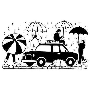 A black-and-white illustration of a British taxi parked on a rainy street. The taxi is adorned with a "TAXI" sign on the roof. Raindrops are visibly falling around the scene, creating puddles on the cobblestone pavement. Surrounding the taxi, several people are holding large, colorful umbrellas. The umbrellas are varied in pattern and size, adding dynamic shapes to the composition. Some people are huddled closely together, while others are walking by, creating a sense of movement in the scene.