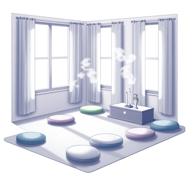 A meditation room featuring several colorful cushions scattered across the floor. The space is filled with smoke wafting from incense sticks placed in a holder, creating a calm atmosphere. Soft fabric drapes hang from the ceiling, creating a cozy and inviting feel. Natural light filters in through a window, casting gentle shadows. A small wooden table holds an intricately designed item, adding to the serene environment.