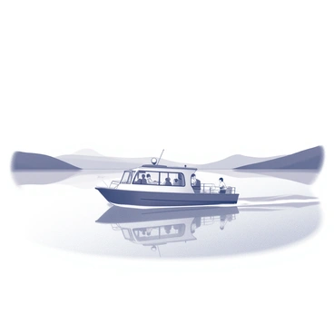 A small ferry boat is gliding across a calm lake. The boat is filled with several passengers, some seated and others leaning against the railing, enjoying the view. The water is smooth, reflecting the outlines of the boat and the distant shoreline. Above, a clear sky stretches endlessly, enhancing the peaceful atmosphere of the scene. The background features gentle hills that rise softly on either side of the lake, adding depth to the landscape.