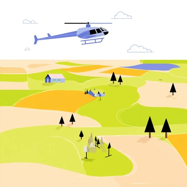 A helicopter flying high above a patchwork of farming fields in the countryside. The view showcases an array of vibrant green, golden yellow, and earthy brown fields, arranged in a mosaic pattern. The helicopter is depicted with a sleek, modern design and spinning rotors, hovering gracefully in the blue sky. Below, the fields are divided by thin dirt paths, with occasional farmhouses and clusters of trees scattered throughout the landscape. A few fluffy white clouds drift in the sky, adding depth to the scene.
