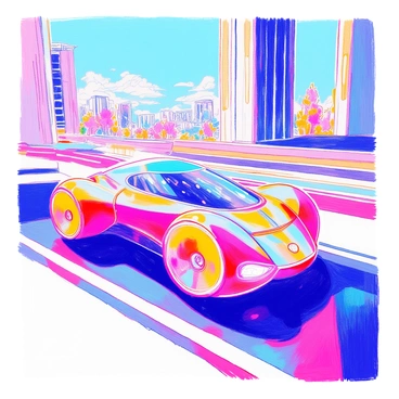 A sleek futuristic vehicle is designed with a body made of smooth aerodynamic mesh panels. The vehicle features an elongated shape with a pointed nose and a wide rear, enhancing its streamlined appearance. It has large, glowing wheels that appear to hover slightly above the ground. The surface of the vehicle reflects various colors, creating a shimmering effect. There are bright LED lights integrated into the front and sides, illuminating the vehicle's path. A digital display is embedded in the windshield, showcasing advanced technology. The background includes an urban landscape with tall buildings and a clear sky.