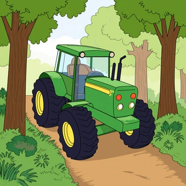 A large green tractor with oversized tires driving along a narrow dirt path. The tractor has bright yellow details and is covered in patches of mud. Surrounding the tractor are tall, lush trees with thick trunks and dense foliage, their leaves forming a vibrant green canopy overhead. Sunlight filters through the branches, casting dappled shadows on the ground. Various ferns and shrubs grow alongside the path, adding texture to the forest floor. The scene captures the tractor's motion as it carefully maneuvers through the thick undergrowth.