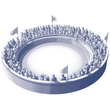 A traditional Spanish bullring is filled with spectators. The crowd comprises individuals of various ages and backgrounds, all dressed in a mix of casual and festive attire, chatting excitedly among themselves. The bullring features a circular arena with a packed sandy floor, while the surrounding stands are adorned with wooden benches and decorative elements. Banners and flags are positioned around the venue, indicating a lively atmosphere. The sun is shining brightly, casting shadows that highlight the expressions of anticipation on the faces of the spectators.