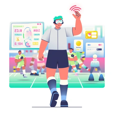 A futuristic referee with a sleek, silver uniform is standing on a vibrant playing field. The referee has short, neon blue hair and is wearing augmented reality glasses that display holographic statistics and player data. Their right arm is raised, projecting a holographic whistle glowing in bright red above their hand. Surrounding the referee is a dynamic display of floating graphics, including player names, scores, and time remaining, all in vivid colors. In the background, players in advanced sports gear are engaged in an intense match, highlighting the futuristic atmosphere of the scene. The field is illuminated with colorful lights, enhancing the high-tech ambiance.