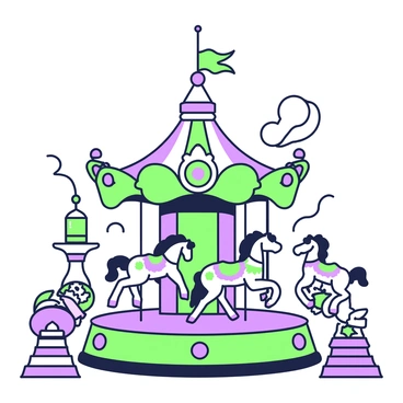 A vintage carousel is prominently displayed, with intricate details in its design. The carousel features various ornate wooden horses, each with unique decorations. Gears are visible along the carousel's base, showcasing its steampunk theme. Steam rises from pipes that connect to the structure, creating a dynamic atmosphere. Surrounding the carousel, there are elaborate metallic decorations, including cogs and rivets, enhancing its vintage appeal. The scene is filled with a sense of movement, as the carousel spins gently, inviting onlookers to admire its craftsmanship.