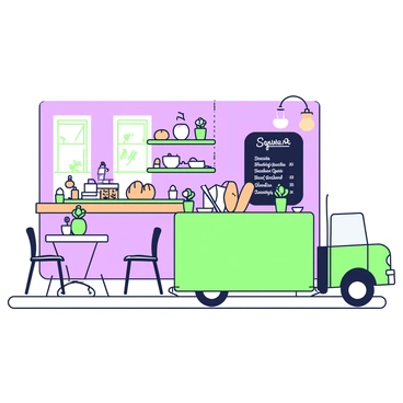 A cozy cafe interior features wooden floors and soft lighting. In the foreground, a long counter is adorned with a "miniature bread truck" display that showcases various types of bread, including baguettes and loaves. Behind the counter, shelves are lined with jars of pastries and coffee beans. A chalkboard menu hangs on the wall, listing daily specials in a playful manner. Small tables with chairs are scattered throughout the space, each with a small vase holding flowers. A window allows natural light to stream in, illuminating the inviting atmosphere.