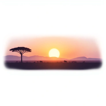 A vast savannah landscape stretches across the horizon, bathed in warm hues of orange, pink, and purple as the sun sets. In the foreground, a silhouette of a tall acacia tree stands against the colorful sky. Scattered throughout the scene are silhouettes of various wild animals, including a herd of elephants walking gracefully, a pride of lions lounging nearby, and a group of antelope grazing peacefully. The distant hills create a gentle backdrop, completing the tranquil scene of wildlife against the glowing sunset.