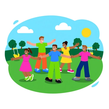 A group of five children, two boys and three girls, are standing in a grassy playground, engaging in arm circles. The boys are wearing bright blue and green t-shirts, while the girls are in vibrant pink and yellow dresses. The sun is shining brightly in a clear blue sky, casting warm light on the scene. The children have big smiles on their faces, displaying enthusiasm as they stretch their arms out to the sides and rotate them in circles. Surrounding them are colorful playground equipment like swings and slides, along with a few trees providing shade in the background.