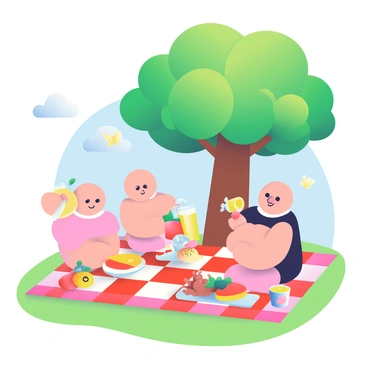 A group of cartoon thumbs, each exhibiting cheerful expressions, is seated on a bright checkered picnic blanket spread on the grass. They are surrounded by a variety of picnic foods, including sandwiches, fruits, and snacks. One thumb holds a slice of watermelon, while another is pouring lemonade into colorful cups. In the background, a large green tree with a thick trunk and abundant leaves provides shade. A few butterflies flutter around, adding a touch of movement to the scene. The sky above is clear blue with a few fluffy white clouds.