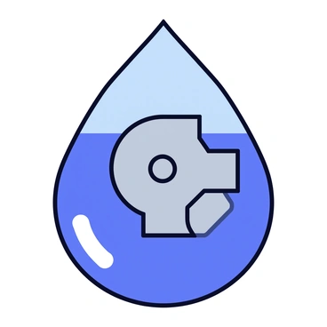 A simple and modern symbol representing hydropower. The design features a stylized water droplet, seamlessly integrated with a turbine icon, illustrating the connection between water flow and energy generation. The water droplet is in a vibrant blue color, while the turbine is depicted in a sleek gray. The overall composition has clean lines and minimalistic shapes, making it suitable for educational materials. The symbol is set against a plain white background.