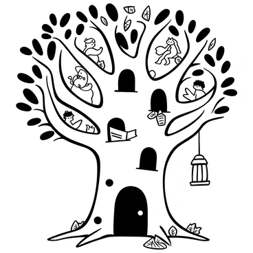 A giant tree with a thick trunk, featuring multiple doors and windows carved into its bark. The branches of the tree extend outward, creating a canopy filled with intricate leaf patterns. Various wise creatures, such as owls and squirrels, are perched on the branches and peeking out from the windows. They are engaged in sharing stories, with scrolls and books scattered around them. Some creatures are holding tiny lanterns that illuminate the scene, casting shadows on the tree trunk. The ground is covered in fallen leaves, adding texture to the setting.