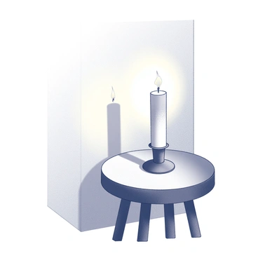 A candle placed on a small table, with its flame flickering gently. The light emitted by the candle casts soft shadows of its shape onto a nearby wall. The shadows appear elongated and delicate, creating a contrasting play of light and dark. The overall scene conveys a feeling of warmth and intimacy, inviting a sense of coziness within the space.