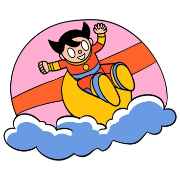 Astro Boy, with a mechanical body and large, expressive eyes, is soaring through the sky. His jet boots are glowing bright as he flies above fluffy clouds. The sky is painted in shades of orange, pink, and purple, revealing a beautiful sunrise on the horizon. The sun's rays illuminate his figure, creating a striking contrast against the colorful sky. He has a determined expression, embodying a sense of adventure and freedom as he glides through the early morning air.