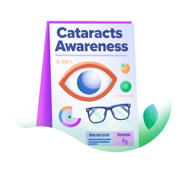 A poster featuring the title "Cataracts Awareness" in bold, clear letters at the top. Below the title, there is an illustration of an eye with a cloudy lens, representing the effects of cataracts on vision. Surrounding the eye, there are informative icons such as a pair of glasses, a colorful pie chart depicting statistics about cataracts, and an infographic showing the symptoms. The background is a soft pastel gradient, enhancing the visibility of the text and illustrations while maintaining a modern aesthetic.