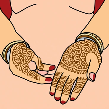 A close-up view of the hands of a pregnant Indian woman adorned with intricate henna designs. The henna patterns are detailed with swirls, floral motifs, and geometric shapes, covering the palms and extending to the fingers. The woman's skin has a warm, golden tone. Her fingers are elegantly curved, showcasing the intricate art. The background is softly blurred to emphasize the hands and henna designs. The nails are painted in a deep red color, adding contrast to the designs. Small bangles shimmer around her wrists, further accentuating the traditional look.