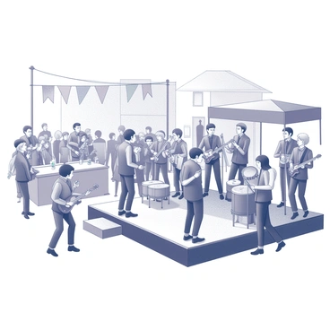 A band performing at a town festival. The group consists of several musicians, each playing different instruments such as guitars, drums, and brass instruments. They are positioned on a small stage adorned with festive decorations. A crowd of people is gathered in front of the stage, some dancing while others listen intently. There are tables with food and drinks in the background, and colorful banners hanging from nearby buildings. The atmosphere appears energetic and joyful as people engage with the music.