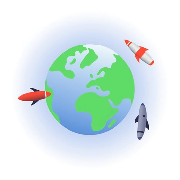 A detailed globe with vibrant blue oceans and green continents is positioned at the center of the image. Scattered around it are several missiles in various colors, including red, silver, and gray, all appearing as if they are orbiting the globe. Each missile has distinct markings and features, giving them a realistic appearance. The background is a soft gradient that transitions from deep navy blue at the top to lighter shades at the bottom, enhancing the focus on the globe and the missiles. The scene conveys a sense of urgency and vigilance in global defense.