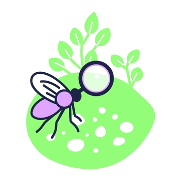 A fly is positioned on a large green leaf, holding a magnifying glass in its tiny legs. The fly is examining a miniature world, which features small pebbles scattered around a patch of lush green grass. Tiny leaves of varying shapes and sizes are interspersed among the pebbles, creating a natural landscape. The fly's wings are delicately spread, and its eyes are focused intently on the details below. In the background, more leaves form a dense canopy, giving a sense of depth to this tiny environment.