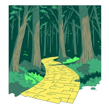 A yellow brick road winds into an ancient forest filled with towering trees. The trees have thick trunks covered in a mix of green and brown bark, reaching high into the sky. The canopy is dense, allowing only scattered beams of sunlight to filter through. Alongside the road, there are patches of vibrant green ferns and bushes. The path appears well-trodden, with some bricks slightly uneven. The atmosphere is filled with a sense of mystery as the road leads deeper into the unseen parts of the forest.